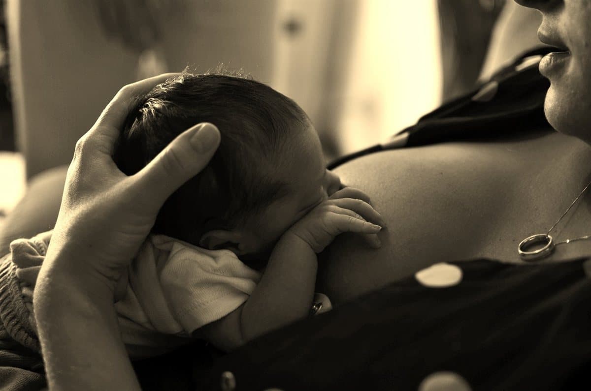 Nouveau-né au sein, la main de sa maman soutient sa tête : allaitement après une frénectomie